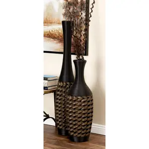Brown Faux Seagrass Tall Woven Floor Decorative Vase with Dark Brown Wrapped Neck