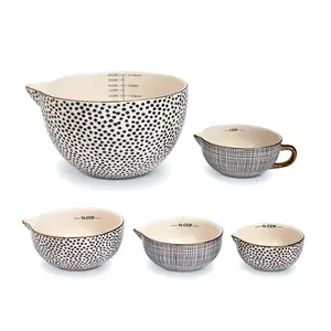 5-Piece Ceramic Mixing Bowl and Measuring Bowl Set, Dot Pattern