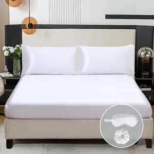 Solid Color Satin Fitted Sheet Set, 5 Counts/set Including 1 Fitted Sheet & 2 Pillowcase & 1 Eye Mask & 1 Scrunchy, Bedding Supplies for Home Bedroom