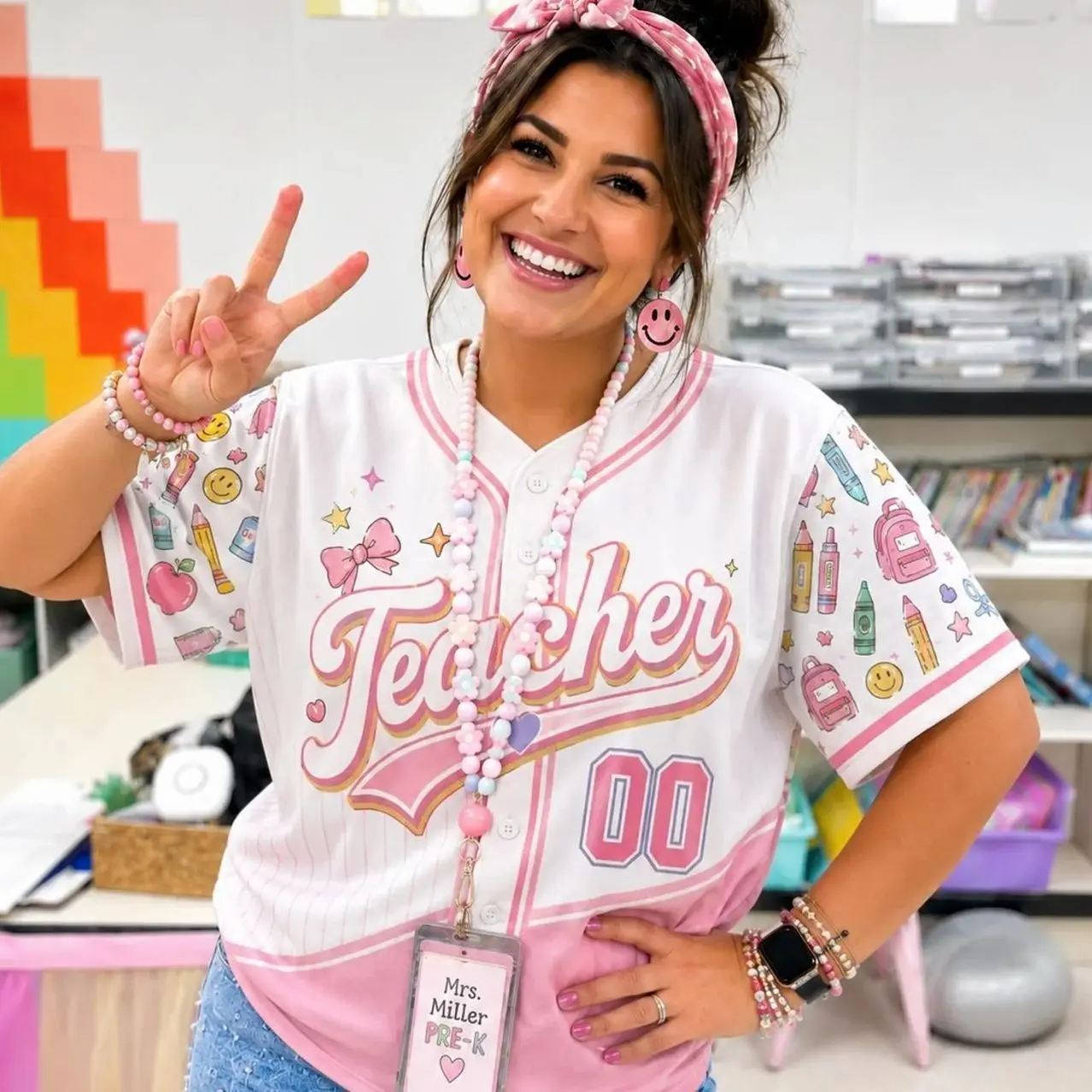 Custom Teacher Baseball Jersey, Personalized Name Number Pink Coquette Bow Shirt, Back to School Teacher Outfit, Cute Teacher Gift for Her XSI