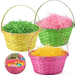 3 PCS Easter Bamboo Baskets with Handle and 3 Colors Grass Paper Shreds, Empty Gift Basket for Easter Egg Hunt, Kids Party Supplies, Filling with Candy & Party Favors (Yellow, Pink, Green)