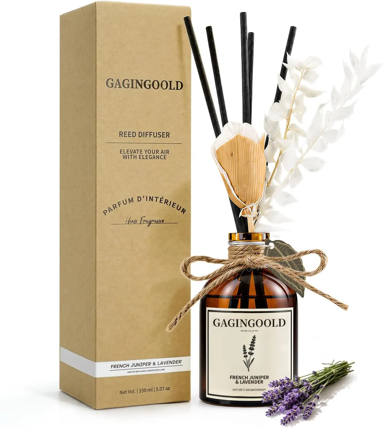 Reed Diffuser Set, Juniper Lavender Scent Diffuser with 10 Sticks & Decorative Flower, Long Lasting Diffusers for Home Fragrance, Vintage Decor for Bathroom Bedroom Office Shelf, 5 Fl.oz