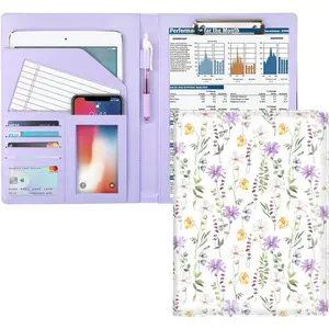 Padfolio Portfolio Folder, Faux Leather Interview Resume Legal Pad with Document Organizer & Business Card Holder, Professional Work Padholder with Pen Loop Clipboard for Women, White Flower