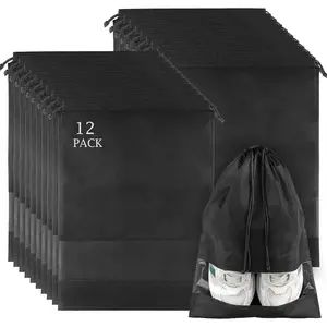 12 Pack Large Shoe Bags for Packing with Clear Window, Dustproof Drawstring Travel Shoe Storage Bags for Men & Women, Black