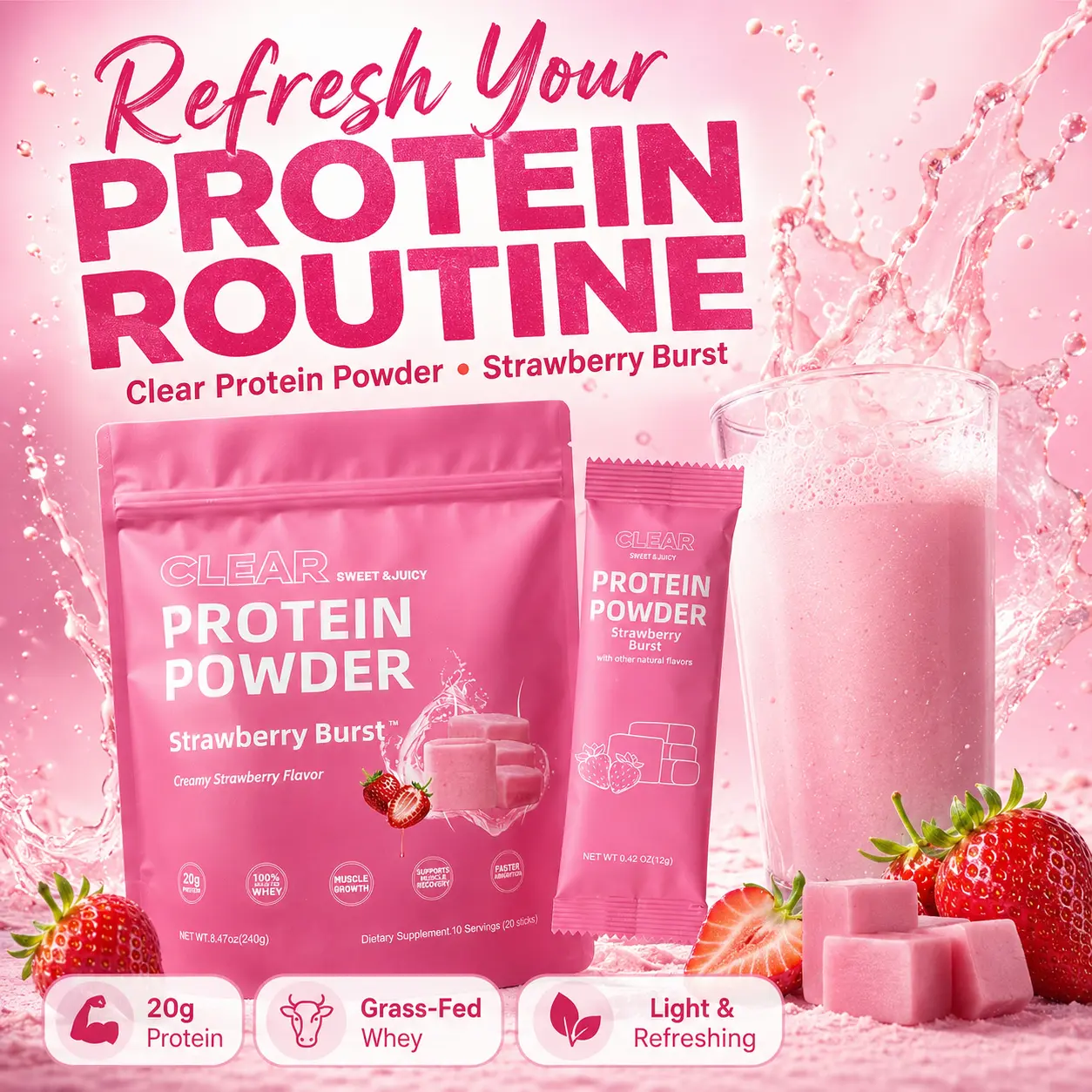 Clear Protein Powder - Clear Whey + Collagen Protein Blend | 20g Protein, 80 Calories, 0g Sugar, Light & Refreshing Creamy Strawberry Drink | Protein for Women *contains dairy