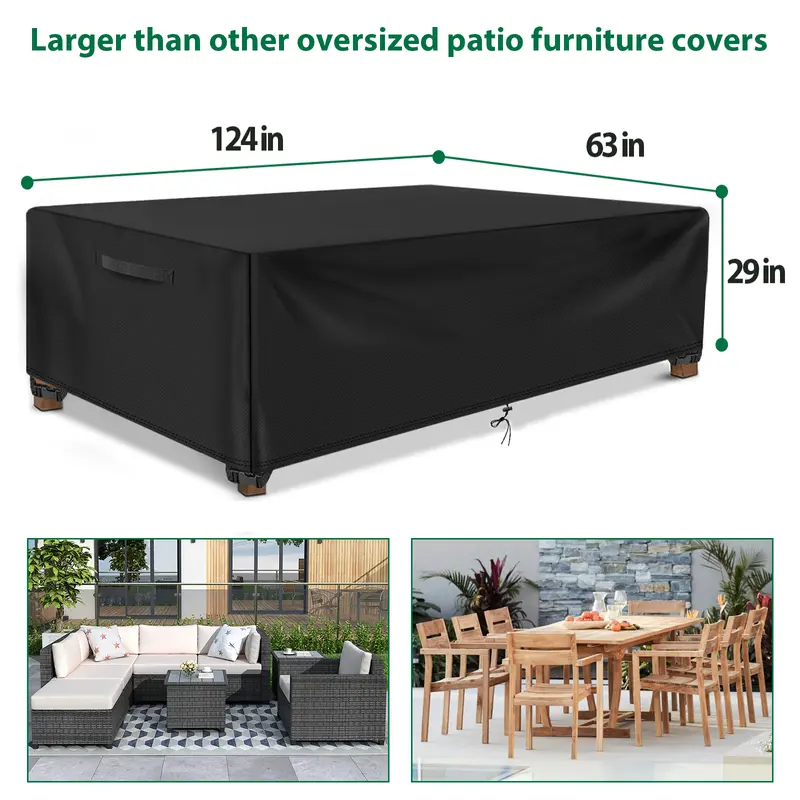 600D Heavy Duty Oxford Fabric Waterproof Patio Furniture Cover - 124"x63"x29", UV Protection, Breathable Air Vents, Windproof Straps, Rip-Resistant, Double Stitch, All Seasons for Outdoor Table/Chair/Sofa, Home Essentials