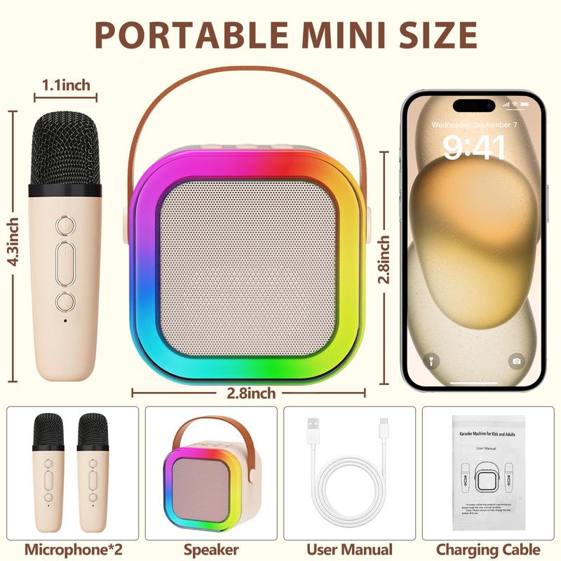 Product Introduction of Mini karaoke machine with microphone sound system, portable karaoke machine with 2 wireless microphones, birthday gifts for girls and children aged 4-12, family gatherings,TikTokShopBacktoSchool 10