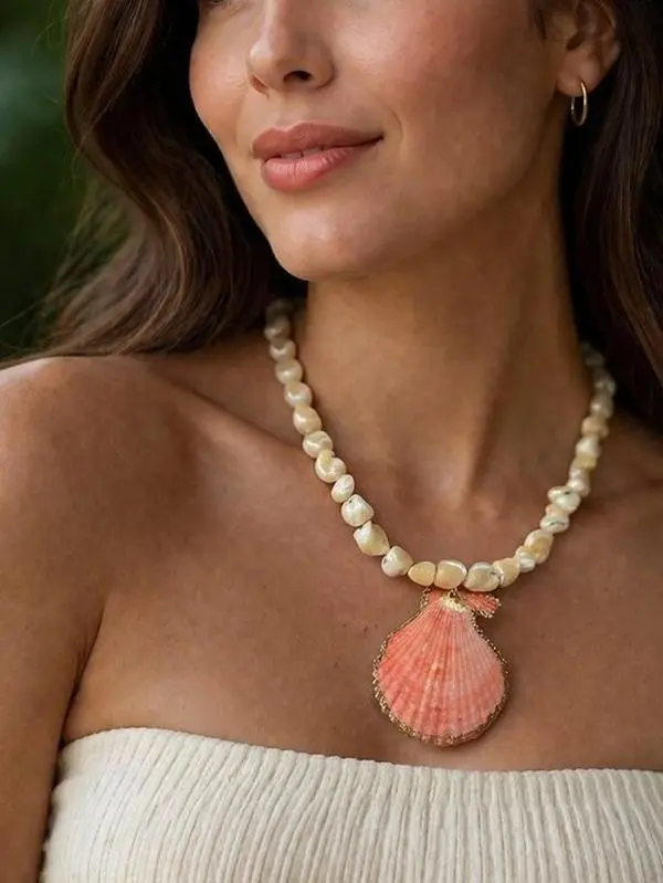 Natural Pink Shell Bead Necklace, Beaded Coastal Jewelry with Shell Accent for Beach Outfits
