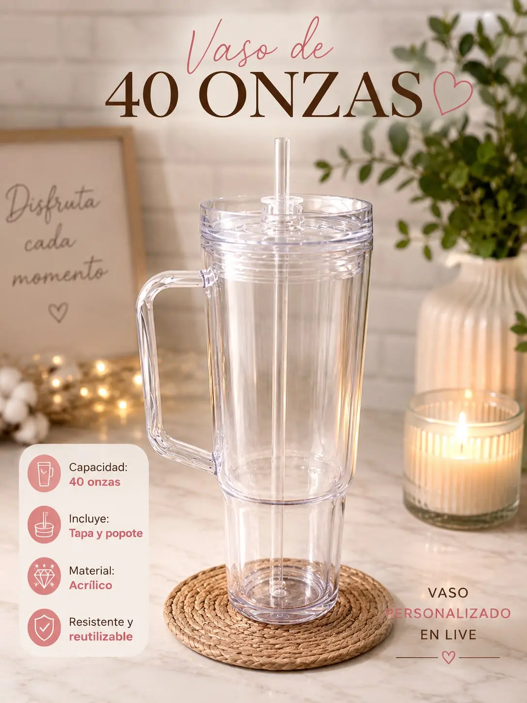 40 oz Personalized Acrylic Water Bottle, Kitchenware Drinkware