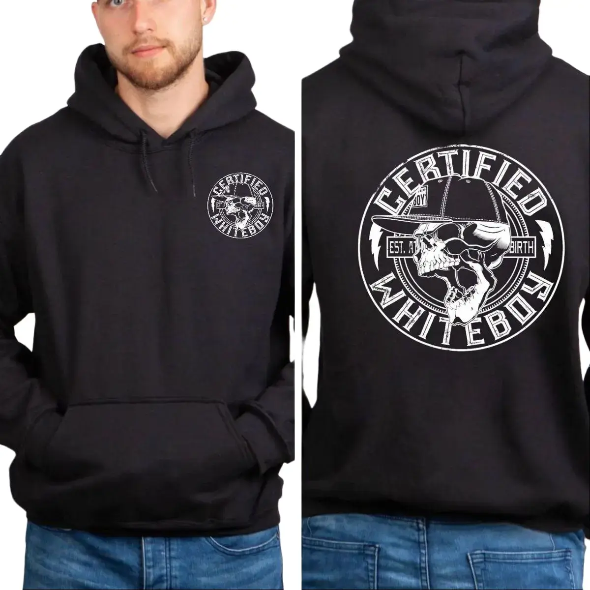 Certified Whiteboy 2 Sided Hoodie Skull Graphic Tee, Edgy Skull Print Urban Style Sweatshirt, Dark Aesthetic Street Shirt, Unisex Sweater Pullover Tee