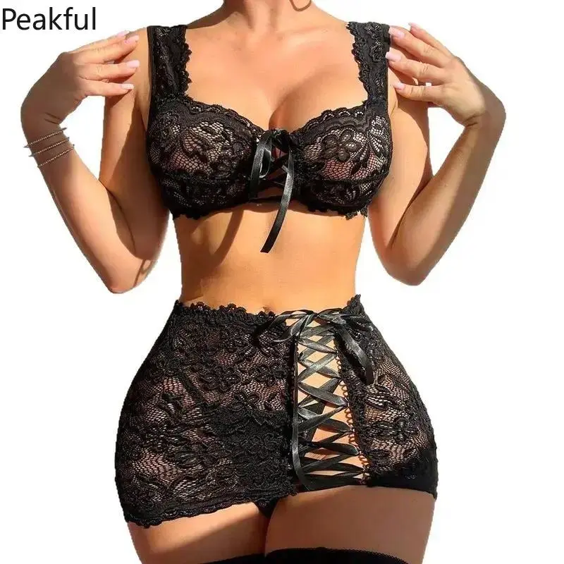 Elegant Suspender Lace Lingerie Outfit, Fashion See-Through Floral Intimate Underwear Set, Skin-Friendly Comfortable Nightwear, delicate lace detail and tailored silhouette, great for romantic celebrations,  sleepwear styling and gift giving