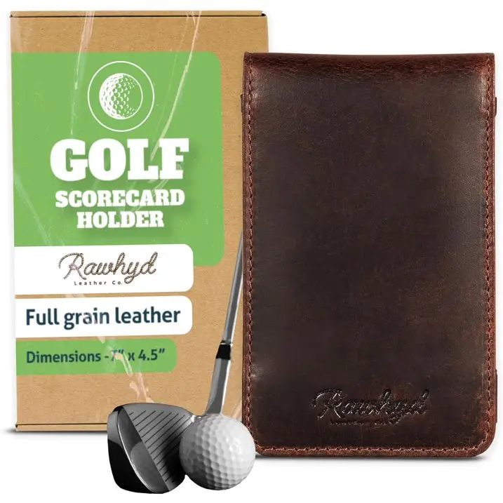 RAW HYD Leather Golf Scorecard Holder, 7" x 4.5", Golf Yardage Book Cover - Golf Notepad Golf Accessory
