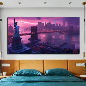 1.5 Inch Thick Solid Pine Wood Frame, Brooklyn Bridge And Statue Of Liberty, Sailboat At Night Poster, Fabric Print And Wall Art For Home Office Decoration