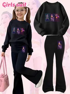 Girls Kpop Demon Hunters Korean Fashion Set, Fall & Winter Comfortable Sportswear, Cartoon Print Hoodie and Bell Bottoms, Perfect Christmas Gift, Athleisure Street Fit, Sweatsuit Set Outfit