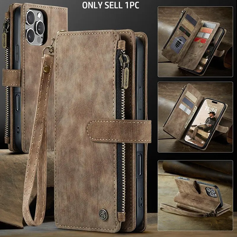Multi functional magnetic retro high-end leather zipper multi card wallet anti drop Protection phone case iPhone 17 Pro Max 17 Air16 Pro MAX 15 Pro 14PlUS 13 12 11 Pro Max handheld rope multifunctional bag protective case New Year's Valentine's Day gift