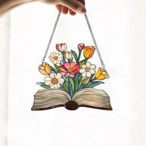 Flower Book Suncatcher, Floral Library Books Acrylic Window Hanging, Book Club Gift