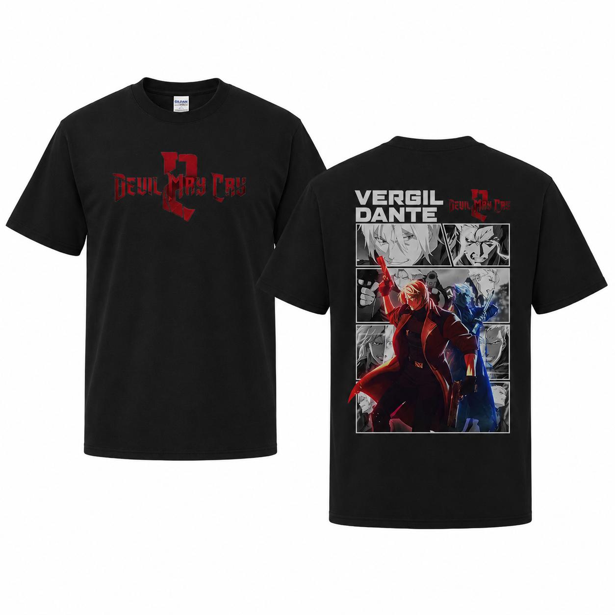 Devil May Cry Vergil Dante Anime Graphic Tee, Double Side Print Gamer Shirt, DMC Streetwear T-Shirt, Y2K Dark Fantasy Anime Tee, Retro Gaming Oversized Shirt, Unisex Cotton Top, Devil Hunter Fan Gift, Black White Graphic Apparel