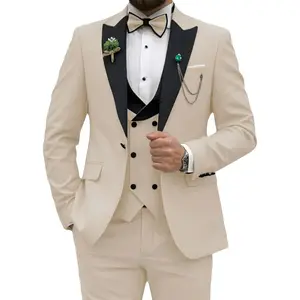 3pcs Men's Slim Fit Suit Set, Double Breasted Vest, Classic Jacket, Suit Pant, Formal Wear Menswear Polyester Long Sleeve Beige