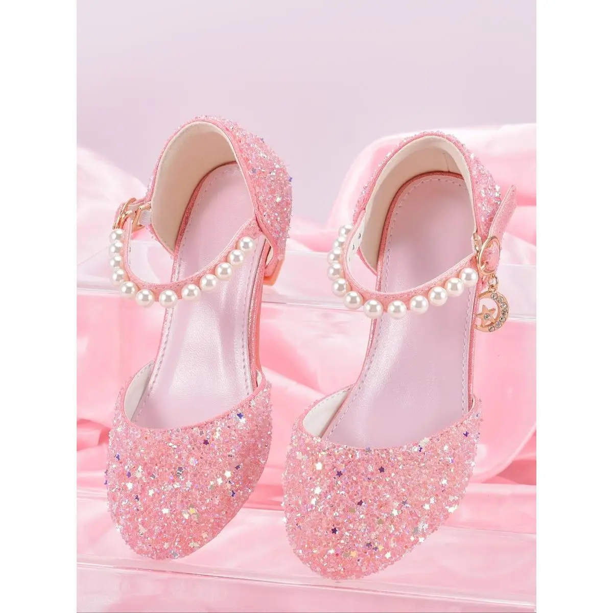 8-9 Years Girls' PU Leather Colorblock Sandals with Sparkle Star Pendants, TPU Artificial Leather Formal High Heels, Ankle Safe Party Wear Shoes for Party Dresses, Birthday Events, Leather Pu