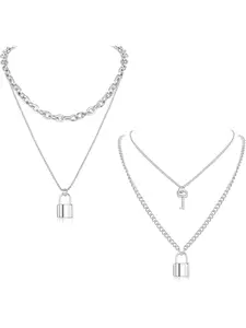 2 Pcs Gold Plated Chain Necklace for Women Men Stainless Steel Couple Necklace Lock and Key Pendant Punk Choker Layered Necklace Set