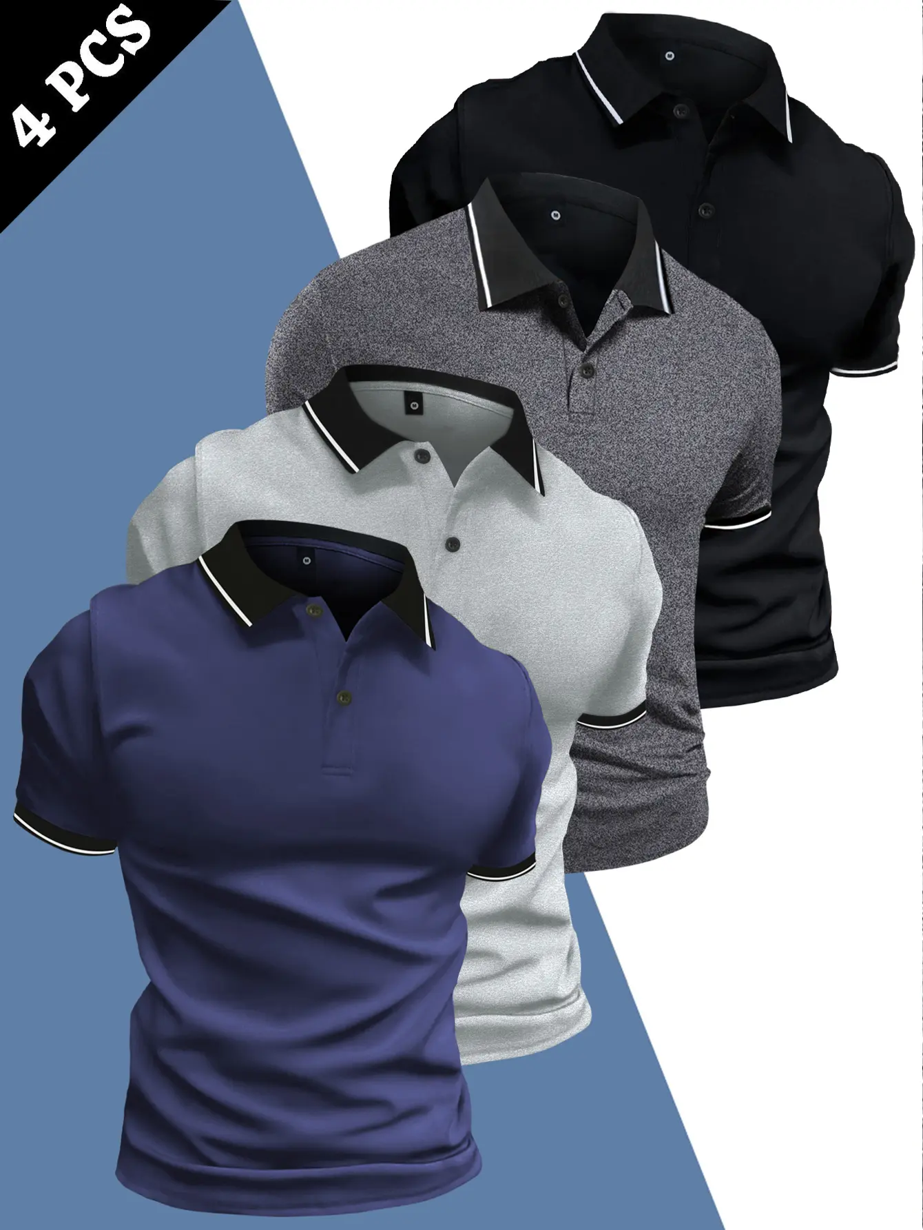Men’s four-piece set featuring a stylish casual polo shirt—button collar, slightly stretchy fabric; lightweight summer business formal short-sleeve shirt. Knit material, single-layer plain polyester with stretch. Mixed-color men's items