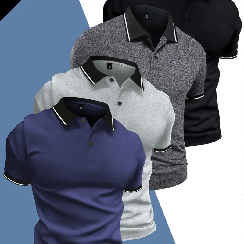 Men’s knit sports set — slim fit, turn-down collar, button closure; polo shirt made from stretch polyester fiber; retro lightweight short-sleeve business-casual summer top
