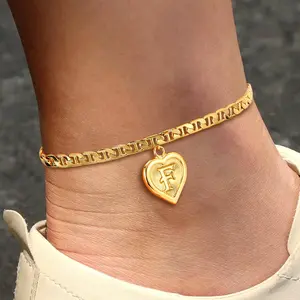 U7 Initial Heart Pendat Anklet Heart Shape Letter Pendant Stud Link Chain Mariner Chain Summer Beach Footwear Ankle Bracelet for Women