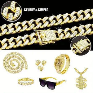 8 Pack Hip Hop Jewelry Set Diamond Gold-plated Chain Pendant Necklace Bracelet Watch Sunglasses Rings Fashion Accessories Men's Gold Stainless Steel Cuban Chain Bracelet