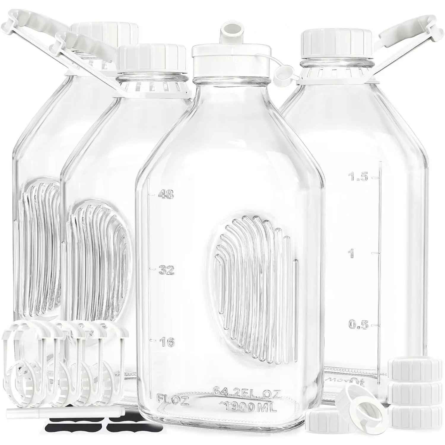 4 Pack 2 Qt Glass Milk Bottles with Handle and Airtight  Screw Lids, 1/2 Gal Glass Water & Juice Bottles, 64 Oz Milk Jug Pitcher w Scale