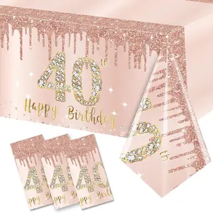 3 Pack Pink Rose Gold 40th Birthday Tablecloth Decorations - Plastic Disposable Rectangular Table Cover Party Supplies