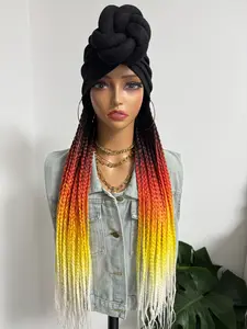 Long 24Inch Synthetic Black  Box Braided With Headband Elasticated Band Turban Hat Box Braiding Hair Extensions Head Scarf Easy Hairstyle Wigs For Black Women