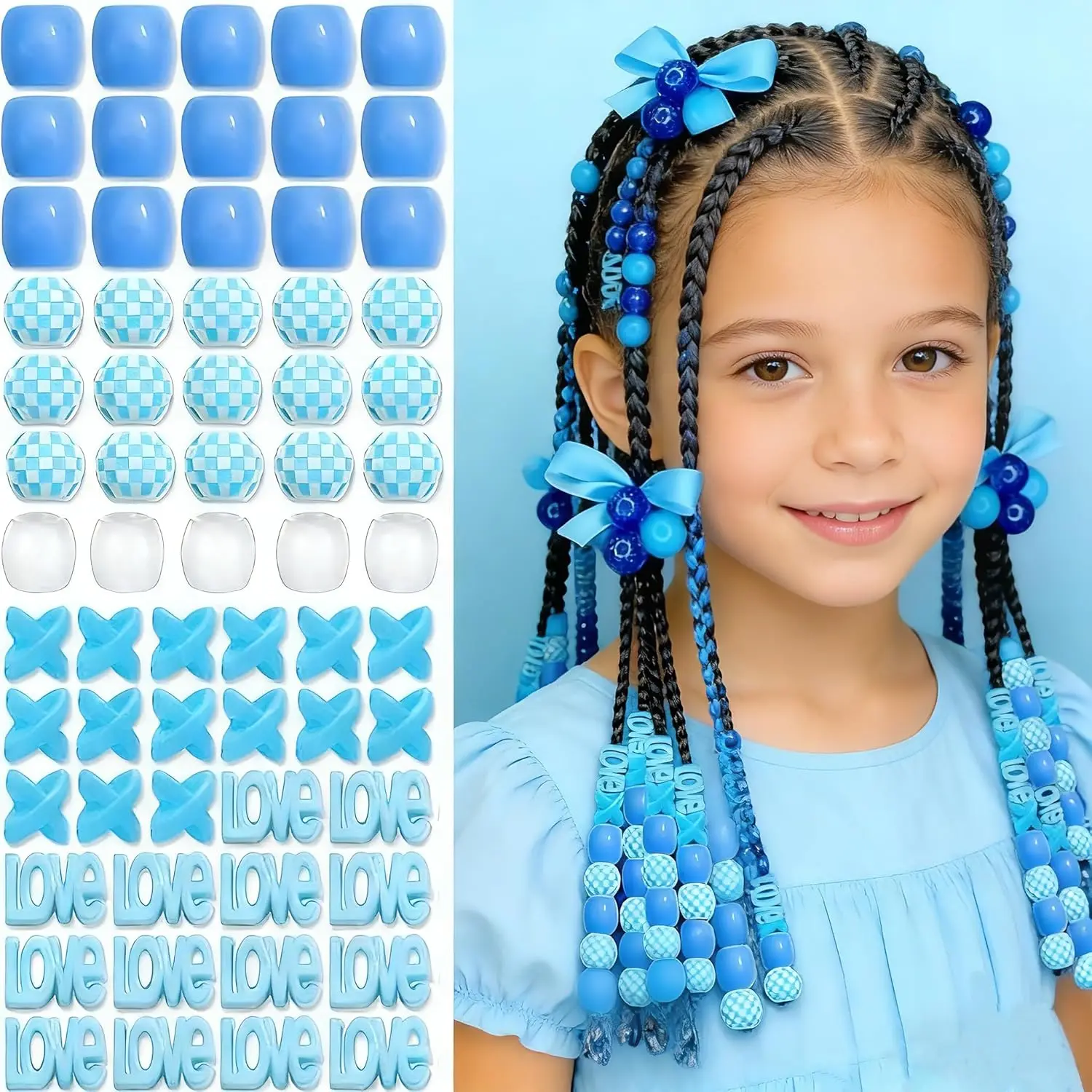 65 count  Hair Beads for  Large Beads Dreadlock  for Braids Multi Shape Pony Loc Dreadlock Accessories Cute Braids Hair Decoration for Women and Girls (65Pcs Blue Set)