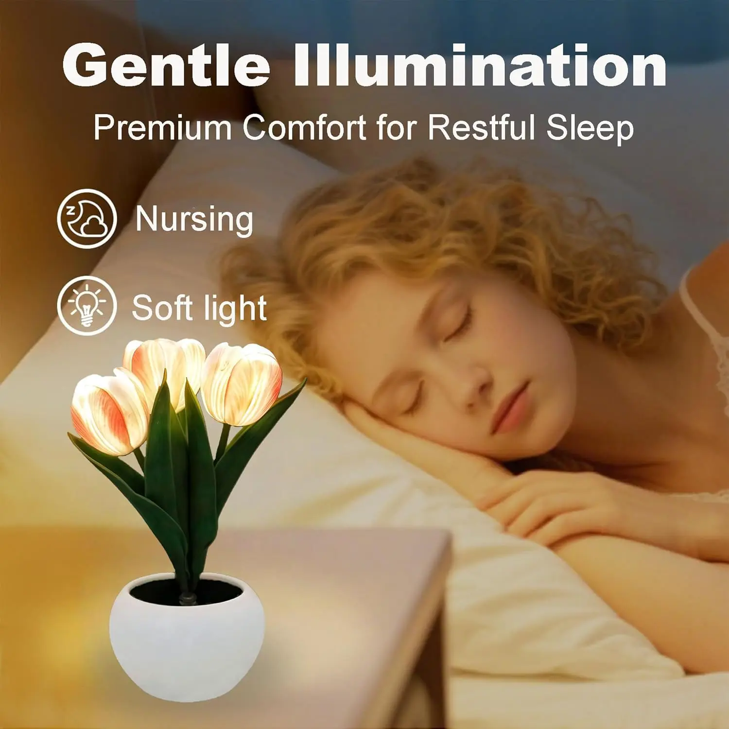 Tulip Desk LED Night Light - Cute Ceramic Decoration Lamp with Vase & Artificial Flower, Soft Lighting for Office Stationery Decor, Floral Gift for Mom's Anniversary
