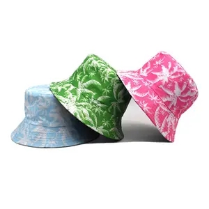 Unisex Palm Tree Bucket Hats Lightweight Breathable Fabric Sun Protection Tropical Paradise Design for Beach City Summer Festivals Multiple Colors Reversible to Solid Black