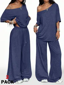 2026 Summer Women's Casual Asymmetric Neck Wide-Leg Pants Two-Piece Set, Stylish and Comfortable for Daily Wear