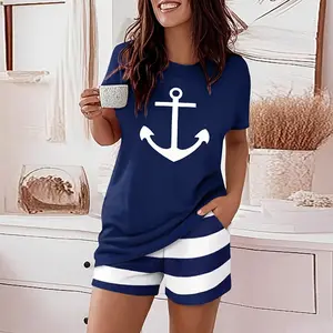 ChicMe Women's 2 Pieces Outfit Anchor Print Round Neck Short Sleeve Top and Striped Elastic Waist Shorts Set Casual Pajamas Set