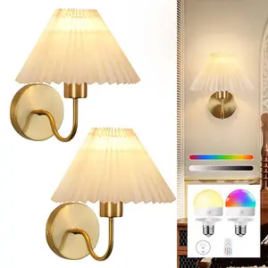 2pcs modern LED rechargeable pleated fabric wall lamp 25CM with RGB bulb & remote 2000mAh for living rooms, bedrooms, offices