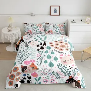Cute Cat Luxury Bedding Set,Cartoon Cat Floral Designer Comforter Set,Botanical Cozy Comforter,Room Decor Animals Microfiber Duvet Set