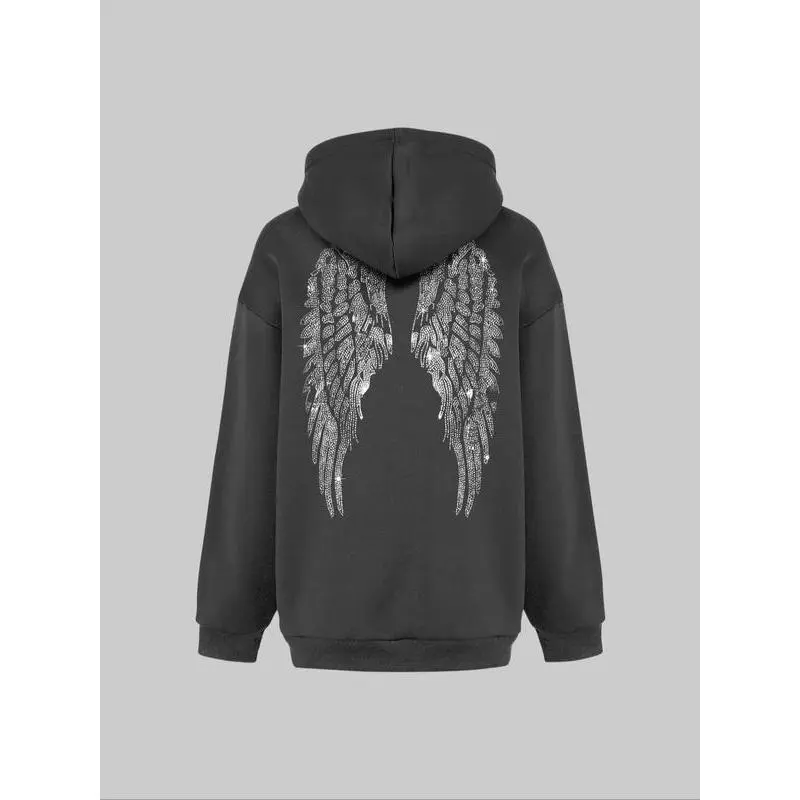 Women's Casual Long Sleeve Hoodie, Rhinestone Wing Pattern Pullover, Loose Fit, Fall & Winter Fashion, Suitable for All Seasons Women's Casual Long Sleeve Hoodie, Rhinestone Wing Pattern Pullover, Loose Fit, Fall & Winter Fashion, Suitable for All Seasons