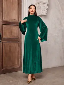 Autumn Winter Muslim Casual Velvet Dress, Bell Sleeve Waist Belt Zipper Hoodie, Women's Fashionable Long Sleeve Top, Modest Muslim Outfits, Muslim Women Gowns