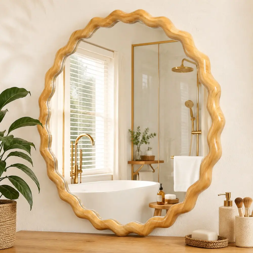 Littleox 27.5 inches Round wavy Wall Mirror for Bathroom Vanity, Wooden Farmhouse Circle Mirrors for Bedroom, Entryway, Living Room, Kithen Whitewash Edge Decorative Mirror for Home, Office