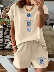 Women's Round Neck Short Sleeve Shorts Set, Spring Summer New, Blue Floral Turtle Shell Ocean Print, Casual Loose Fit, Beach Vacation Style