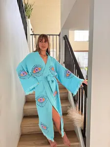 Handmade Cotton Gauze Robe, Stone Printed Eye Design, Women Robe, Anniversary gift