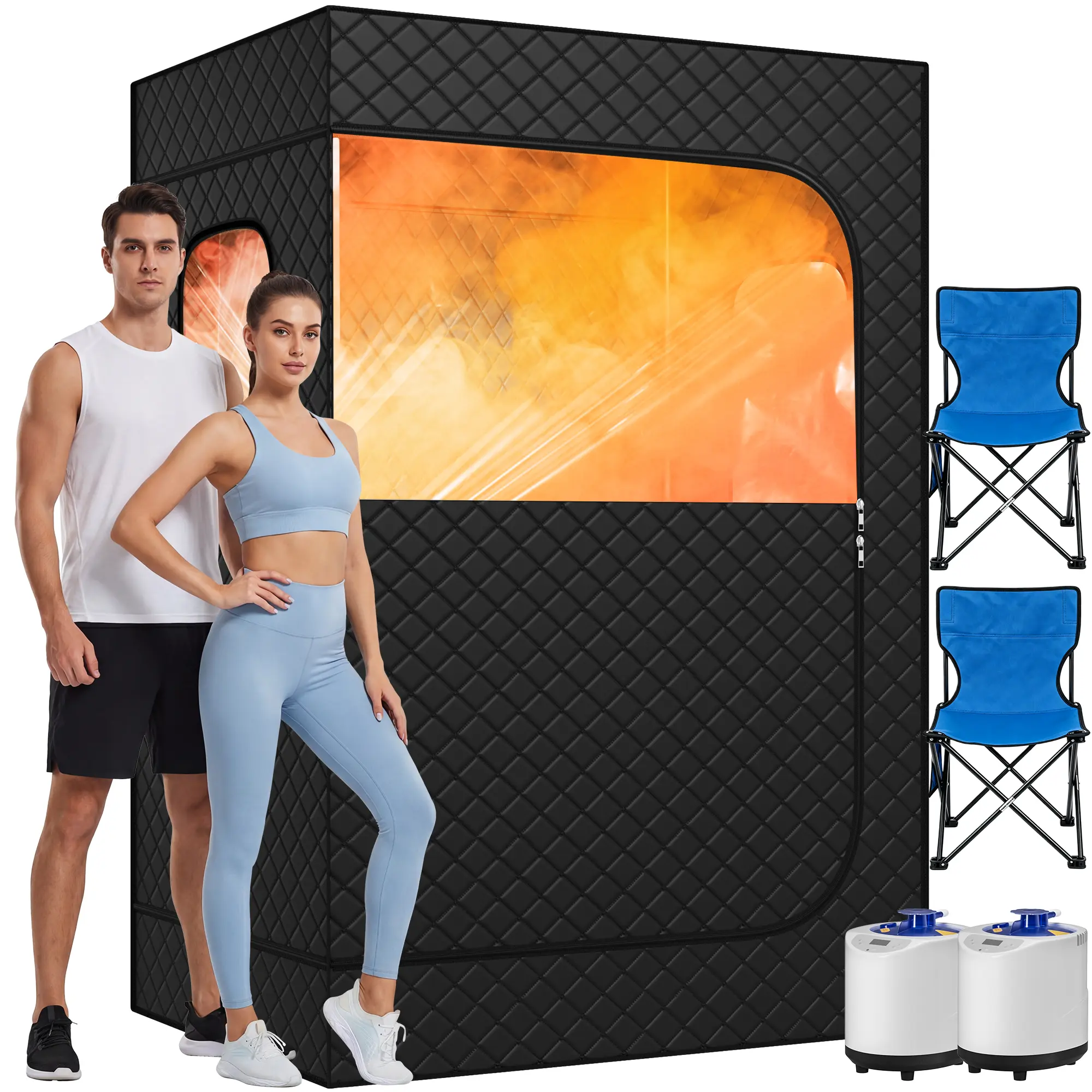 TEHANLD 2-Person Foldable Sauna Spa Kit, Indoor Use Dual Steam Gen. 1200W Home Tent with 2 Foldable Chairs, 9-Level Remote Control, 48”W x 71”H, Black, Assembly Required