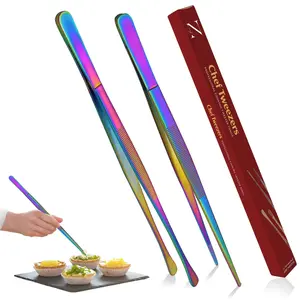 Namre Tong Tweezer Tongs for Cooking - Plating Tweezers - 2 Pack Stainless Steel Cooking Tongs - Thin Chopstick Tongs - Precise & Strong Chef Tweezers for Food & Small Objects - 12 Inch - Rainbow