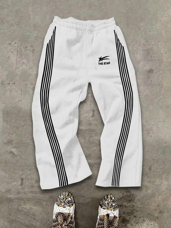 Striped Sporty Sweatpants with Side Bars & the Star Logo, Drawstring Waist, Loose Fit, Skin-Friendly Fabric for Daily Wear, Athleisure Style Pants