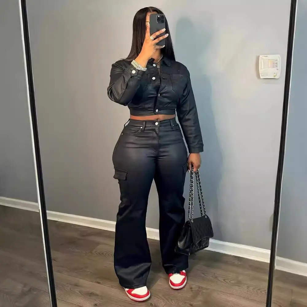 Petal’s Black Faux-Leather Two-Piece Set W/ Cropped Jacket and Flared Pants