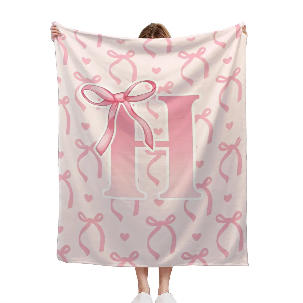 Coquette Pink Bow Initial U Throw Blanket, Monogram Letter U Flannel Blanket, Soft Cute Girly Aesthetic Decor Blanket, Personalized Gift for Women