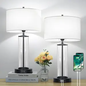 Modern Touch Control Table Lamps with 2 USB Ports for Living Room Set of 2, 3-Way Dimmable Bedside Lamps with Clear Glass for Bedroom Nightstand Hotel, LED Bulbs Included