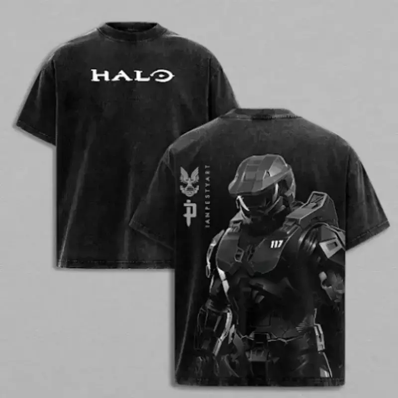 Halo Double Printed Oversize Lightweight Acid Washed Tee | Master Chief Vintage Gaming Graphic T-Shirt for Men | Casual Retro Streetwear Cotton Top Heavyweight Gamer Apparel Gift v1